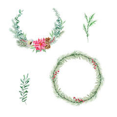 Christmas wreaths set with watercolor winter greenery floral