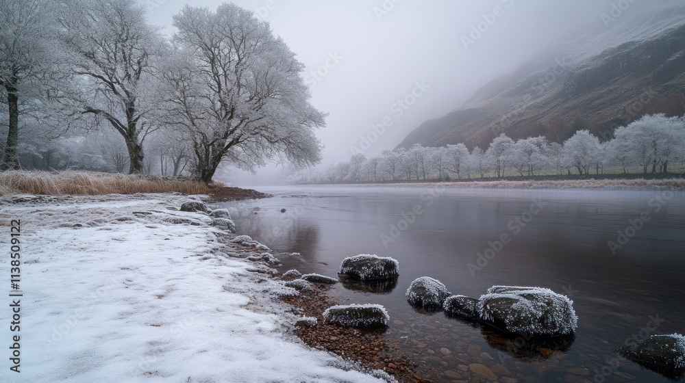 Poster serene winter landscape with frosted trees and a calm river under misty conditions.