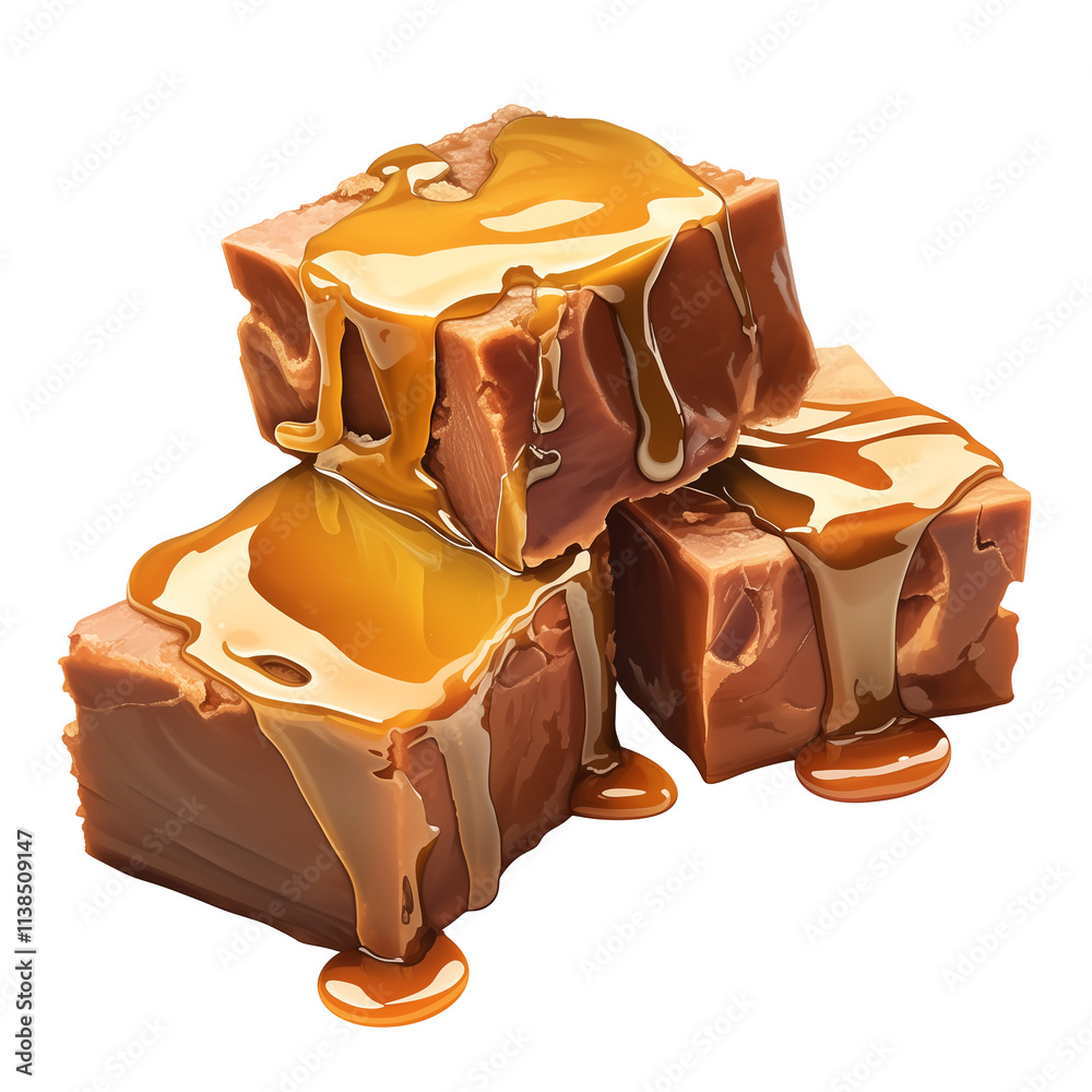Poster rich caramel fudge pieces stacked with smooth, golden caramel sauce drizzling over them, creating te