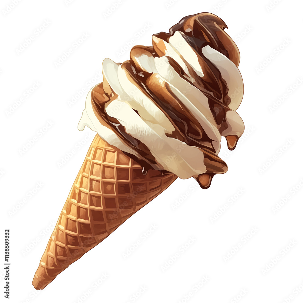 Poster delicious vanilla and chocolate swirl ice cream cone with crispy waffle cone isolated on white backg
