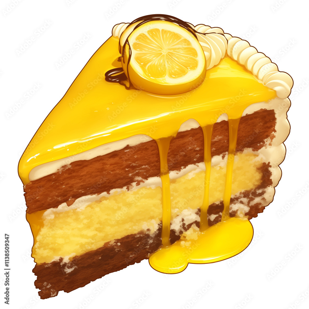 Poster slice of lemon drizzle cake with vibrant yellow icing and lemon slice on top, isolated on white background. cake layers are moist and rich, creating delicious and inviting appearance