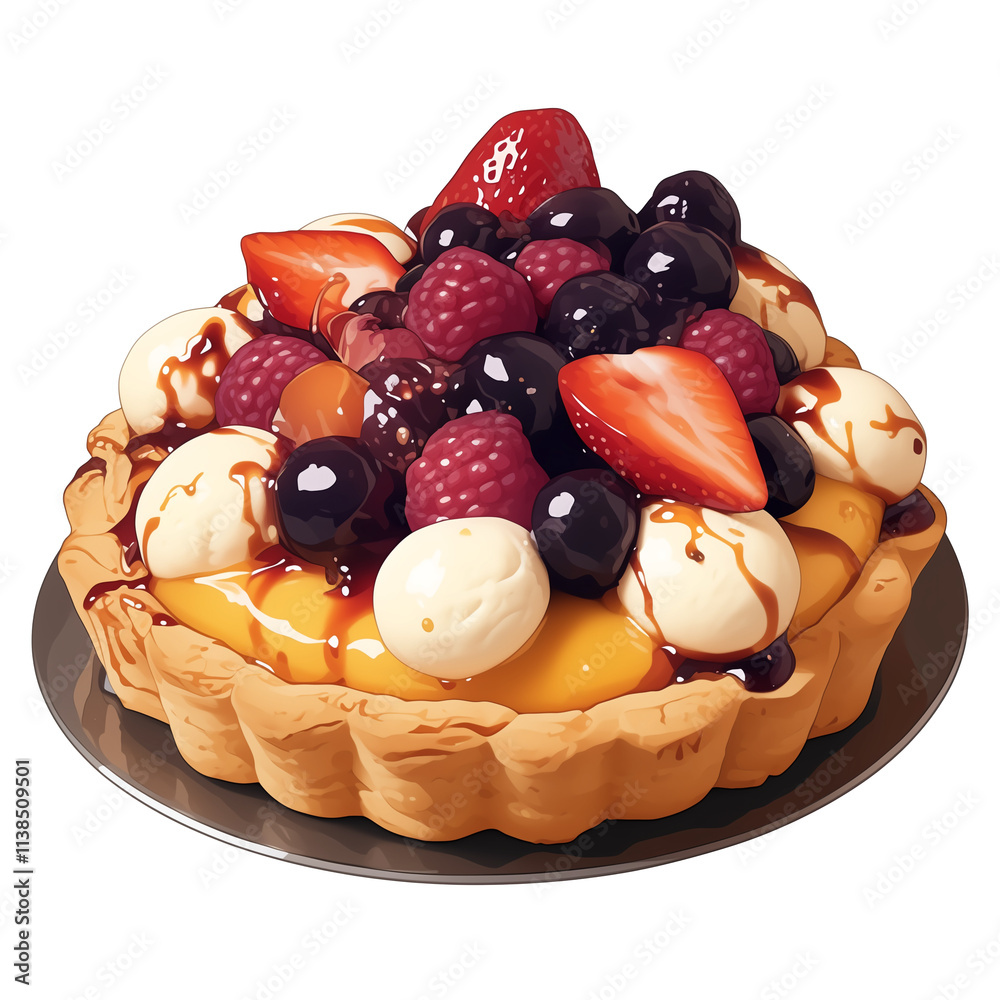 Poster delicious fruit tart topped with variety of fresh berries and drizzled with chocolate, isolated on w