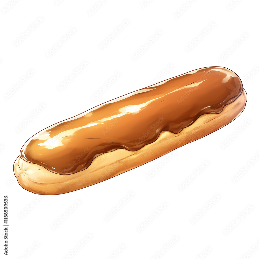 Poster delicious eclair with glossy caramel glaze is isolated on white background, showcasing its smooth te