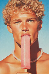 Young man with blonde curly hair eating a pink ice popsicle.