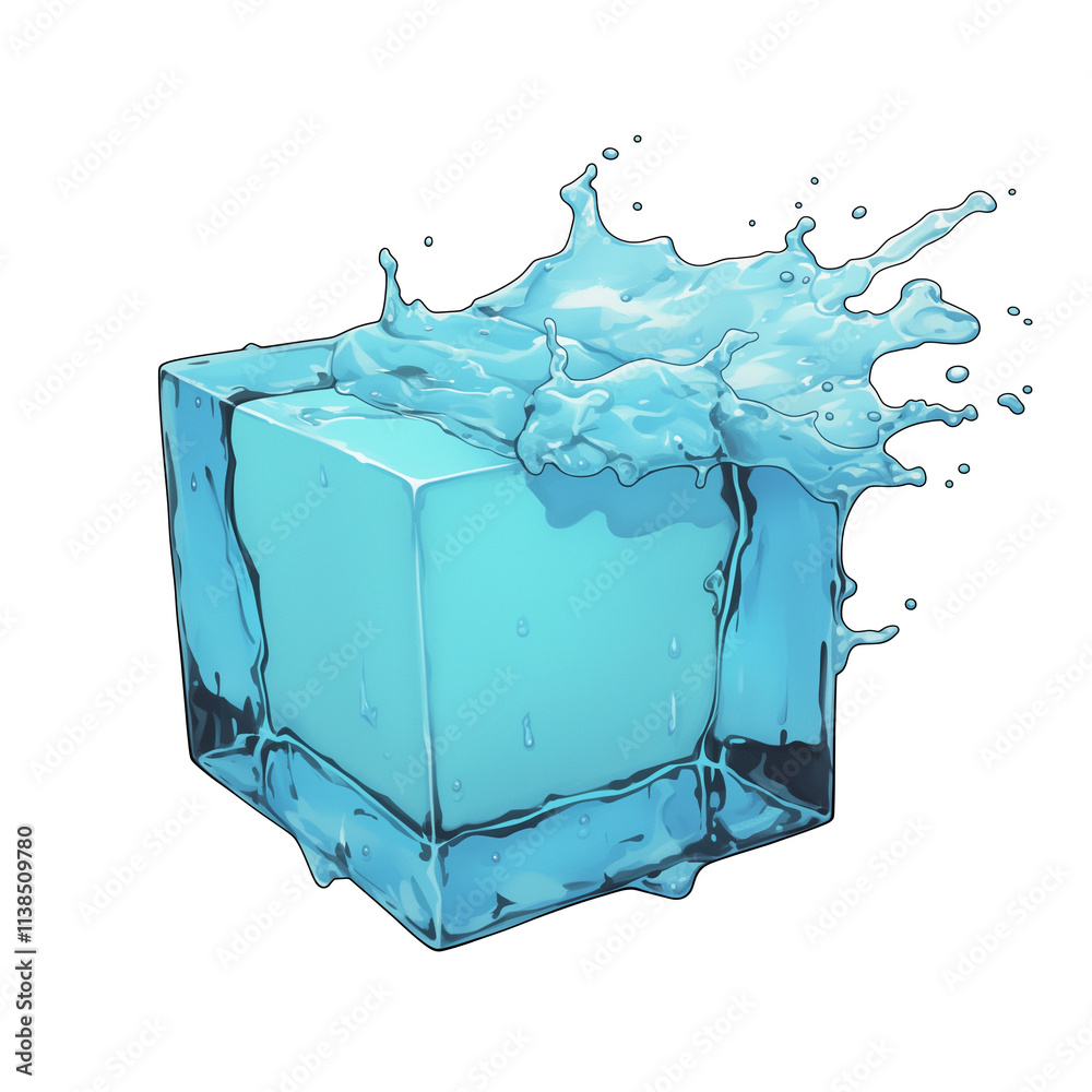 Poster vibrant electric blue liquid splash surrounds transparent cube, creating dynamic and futuristic desi