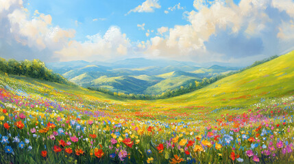 Vibrant Wildflower Meadow in Rolling Green Hills under a Sunny Sky