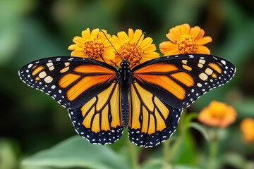 Fototapeta premium A monarch butterfly perched on a bright yellow flower, perfect for nature and wildlife themed designs
