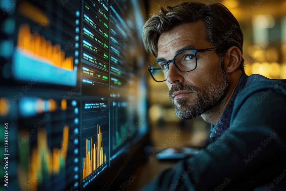 Poster a person wearing glasses sitting in front of a computer screen, focused on their work