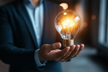 A hand delicately holds a glowing light bulb symbolizing innovative thoughts and bright ideas for success.