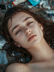 Serenity captured on a beach with a young woman relaxing amidst natural elements