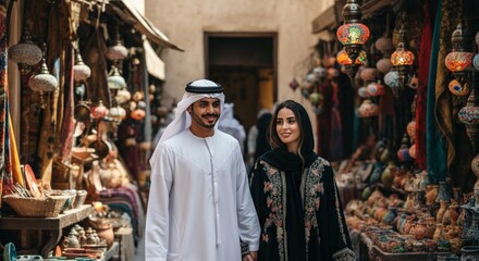 Middle eastern couple strolling through traditional market with colorful lanterns