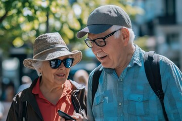 Fototapeta premium A joyful elderly couple smiles while sharing a moment together in nature.