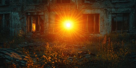 A bright sunny day illuminates the abandoned building, perfect for a scene of nostalgia or decay