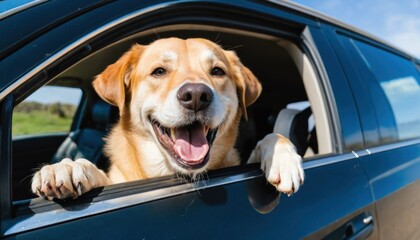happy dog with head out of the car window having fun