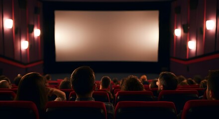 Fototapeta premium Cinema blank wide screen and people in red chairs in the cinema hall. Blurred People silhouettes watching movie performance.