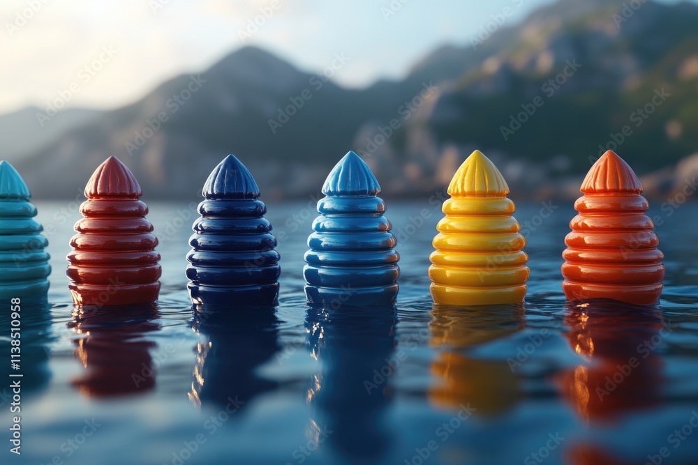Poster a collection of colorful plastic pyramids floating on the surface of the water