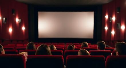 Fototapeta premium Cinema blank wide screen and people in red chairs in the cinema hall. Blurred People silhouettes watching movie performance.