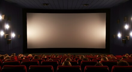 Fototapeta premium Cinema blank wide screen and people in red chairs in the cinema hall. Blurred People silhouettes watching movie performance.