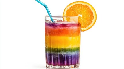 Colorful Rainbow Cocktail with Layered Fruit Flavors in a Clear Glass, Garnished with Fresh Orange Slice and Straw, Perfect for Summer Refreshment