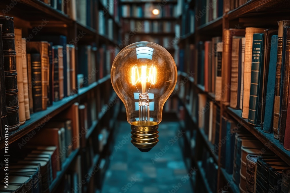 Poster A light bulb hangs from a bookshelf in a quiet library setting, perfect for use as a study or research aid image