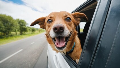 happy dog with head out of the car window having fun