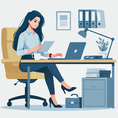 a woman is using his laptop sitting on a chair looking in the laptop  colourful vector on a white background