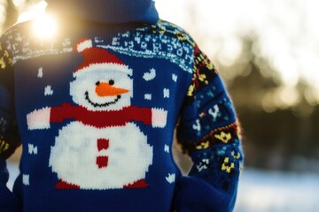 A person wearing a cozy sweater with a snowman design, perfect for cold winter days or festive occasions