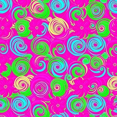 Swirling Floral Pattern:  A vibrant and playful seamless pattern featuring swirling circles in shades of green, yellow, and blue,  intertwined with pink flowers. It evokes a sense of energy and fun.