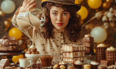 Young attractive woman in stylish clothes and sweets on a bright colored background. Candy bar. Woman with a sweet tooth. Chocolate factory. Confectioner. Art