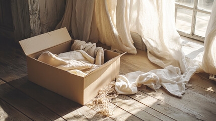 Open Box with Fabrics on Wooden Floor in Warm Sunlight by the window