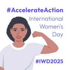 Accelerate Action campaign pose. International Women's Day 2025 theme. Black woman demonstrates a strong arm to show solidarity and support for women's rights and gender equality. Square banner