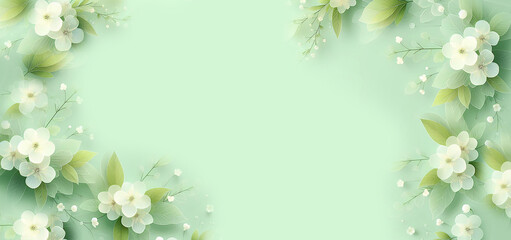 White spring flowers on a light green background. Banner. Frame.  Generated AI