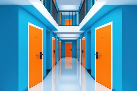 Symmetrical prison block with orange doors and clean blue walls symbolizing structure, security, and modern facility architecture