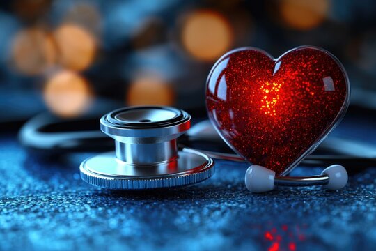 Naklejki A medical symbol featuring a red heart and a stethoscope on a blue surface, often used to represent love and compassion in the healthcare industry