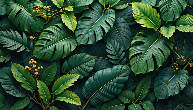 Fototapeta Realistic green tropical leaves with yellow flowers background.