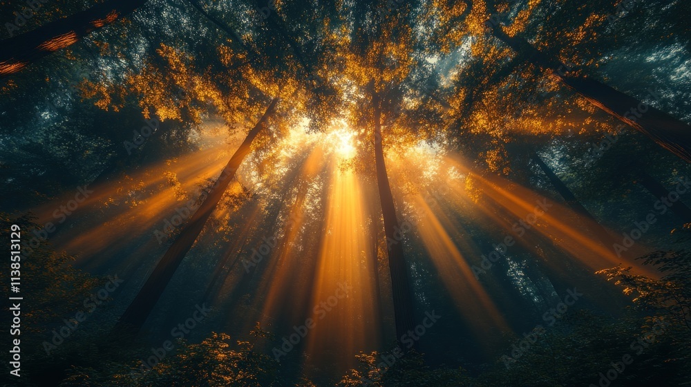 Aufkleber Sunlight streams through tall trees in a misty forest, creating a serene atmosphere.