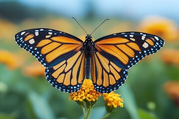 Fototapeta premium A single butterfly perched on the center of a bright yellow flower