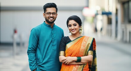 Traditional indian attire featuring young south asian couple embracing cultural heritage in urban setting