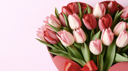 Obraz premium Elegant heart-shaped bouquet of red and pink tulips with ribbon on pastel background