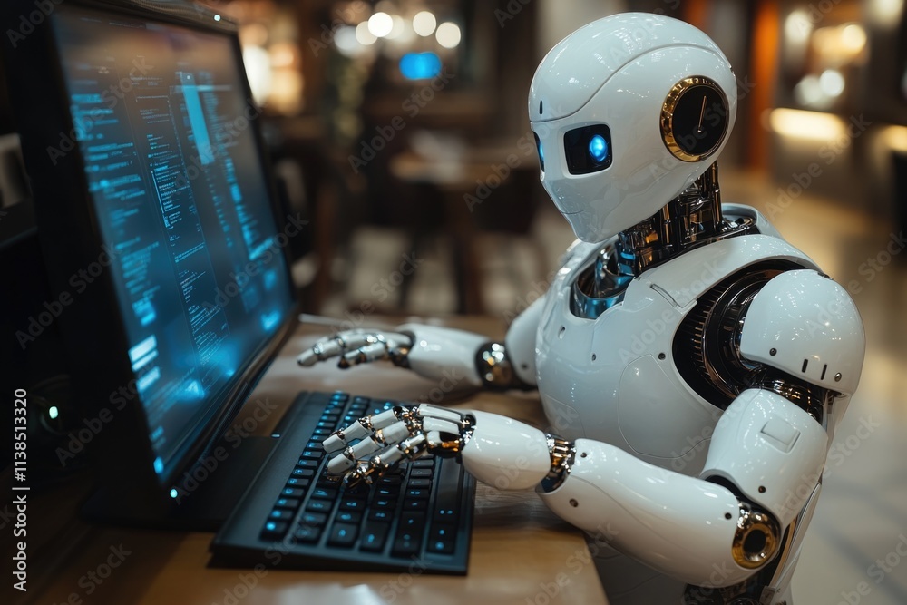 Poster A robot typing on a computer keyboard