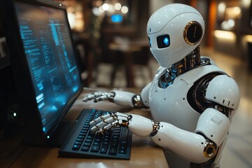 A robot typing on a computer keyboard