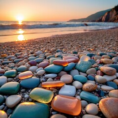 Obraz premium Colorful pebbles shining on the beach at sunset