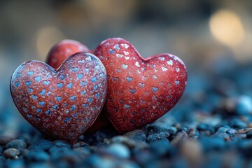 Obraz premium A pair of red hearts sitting on a pile of rugged rocks, symbolizing love and strength