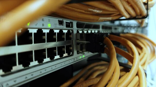Server room. HUB Cable Network Close-up. Rack Focus