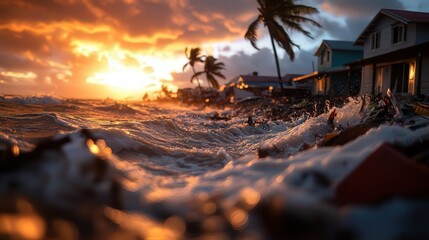 Obraz premium An energetic scene depicts roaring waves crashing at sunset near beach homes, encapsulating the thrill of nature and the beauty of coastal living.