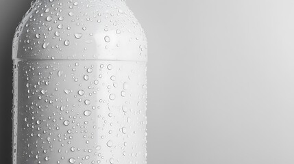 27. A horizontally aligned water bottle with droplets of water and a polished white surface