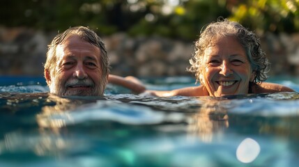 Happy senior couple swimming in an outdoor pool at home, close-up portrait of older people smiling and having fun together during a summer vacation.
