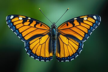 Fototapeta premium A colorful butterfly perches on a green leaf, its delicate wings spread out in all directions