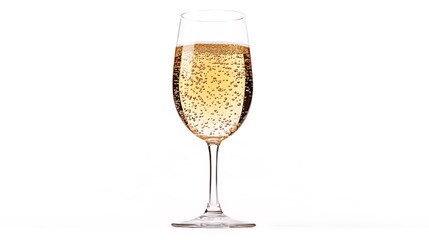 28. A drinking glass filled with sparkling water, bubbles visible, on a seamless white background