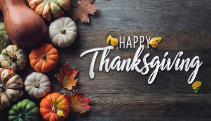 Happy Thanksgiving Day Text on Rustic Wooden Background with Festive Assorted Pumpkins, Colorful Fall Leaves, Seasonal Autumn Decor, and Elegant Calligraphy Font for Holiday Greeting or Social Media 